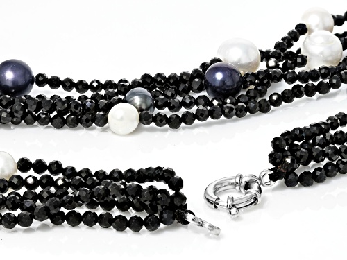 Pre-Owned 9-11mm Multi-color Cultured Freshwater Pearl and Black Spinel Rhodium Over Sterling Silver - Size 18