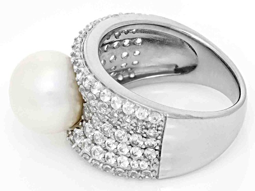 Pre-Owned 10-10.5mm White Cultured Freshwater Pearl and White Zircon Rhodium Over Sterling Silver Ri - Size 12