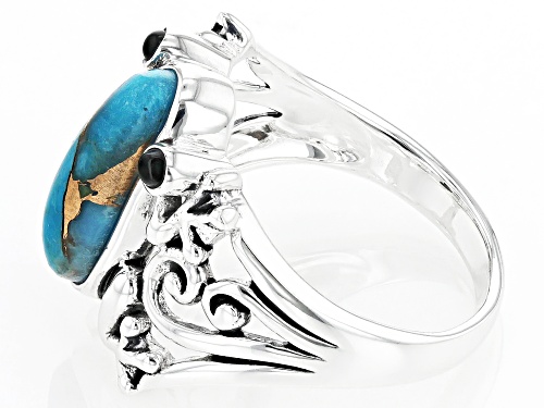 Pre-Owned 14x6mm Turquoise With 2mm Black Onyx Sterling Silver Frog Ring - Size 7