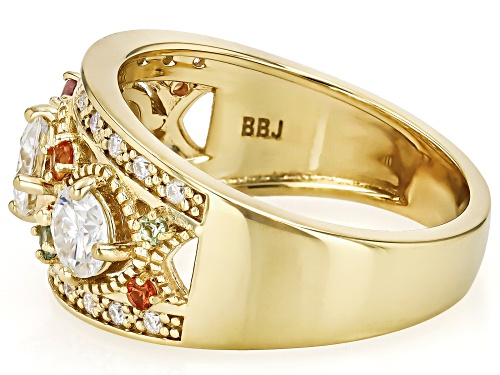 Pre-Owned MOISSANITE FIRE® 1.38CTW DEW AND MULTI COLOR SAPPHIRE 14K YELLOW GOLD OVER SILVER RING - Size 6