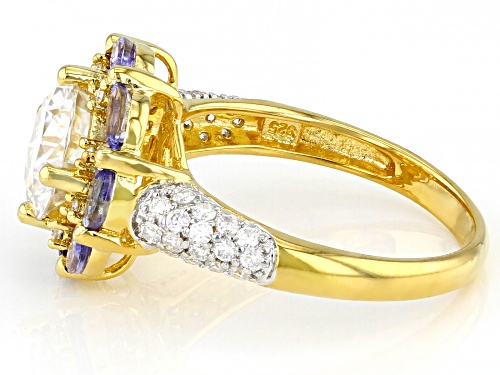 Pre-Owned MOISSANITE FIRE(R) 2.30CTW DEW ROUND & MARQUISE TANZANITE 14K YELLOW GOLD OVER SILVER RING - Size 7
