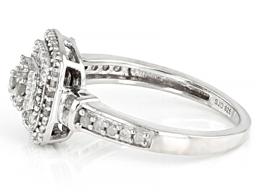 Pre-Owned 0.55ctw Round And Baguette White Diamond Rhodium Over Sterling Silver Halo Ring - Size 5