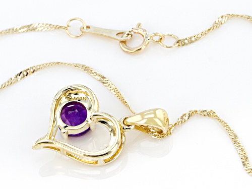 Pre-Owned .38ct Round Amethyst With .01ct Round White Diamond 10k Yellow Gold Heart Pendant With Cha
