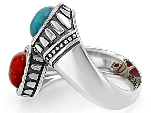 Pre-Owned Southwest Style By JTV™ 8mm Turquoise & 8mm Coral Sterling Silver Bypass Ring - Size 7