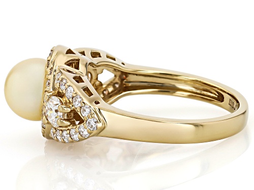 Pre-Owned 7mm White Cultured Japanese Akoya Pearl With Moissanite 18k Yellow Gold Over Sterling Silv - Size 9