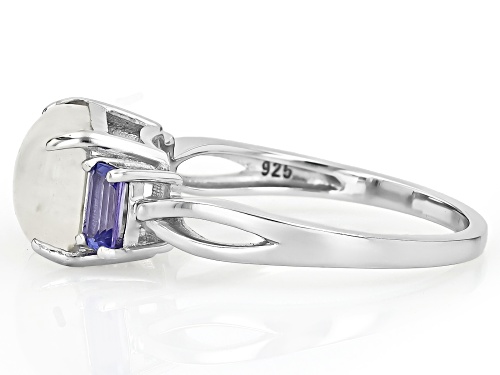 Pre-Owned 10x8mm Rainbow Moonstone with 0.53ctw Tanzanite Rhodium Over Sterling Silver Ring - Size 7