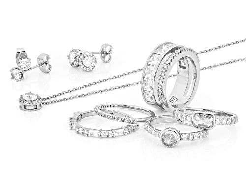 Pre-Owned Bella Luce® 8.29ctw White Diamond Simulant Rhodium Over Brass Ring, Stud, and Necklace Box