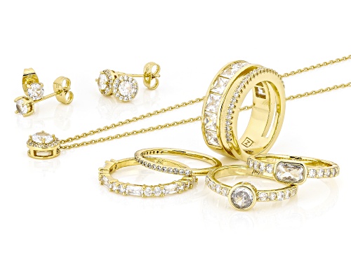 Pre-Owned Bella Luce® 8.29ctw Diamond Simulant 18k Yellow Gold Over Brass Ring, Stud, and Necklace B
