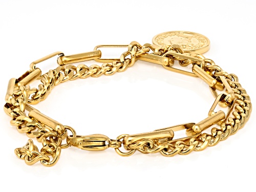 Pre-Owned Sophisticated Steel® Gold Tone Stainless Steel Paperclip-Curb Multi-Row Coin Bracelet - Size 7.5