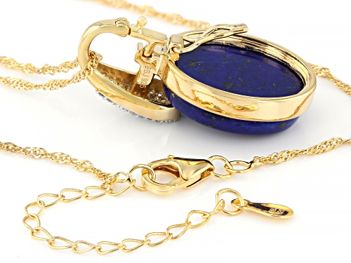 Pre-Owned 20x15mm Lapis Lazuli With 0.47ctw White Zircon 18k Yellow Gold Over Silver Pendant With Ch