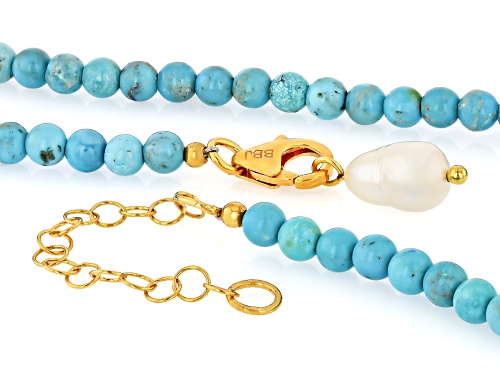 Pre-Owned 3-5mm Turquoise With 7xmm Cultured Freshwater Pearl 18k Yellow Gold Over Sterling Silver N - Size 18