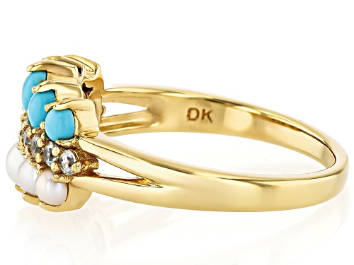 Pre-Owned Sleeping Beauty Turquoise With Cultured Seed Pearl & White Zircon 18k Yellow Gold Over Sil - Size 9
