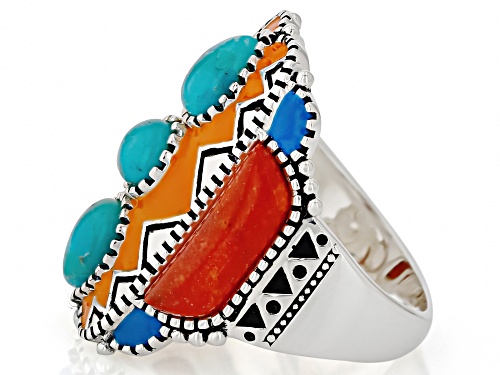 Pre-Owned Southwest Style by JTV™ Sponge Coral With Turquoise & Enamel Sterling Silver Ring - Size 8