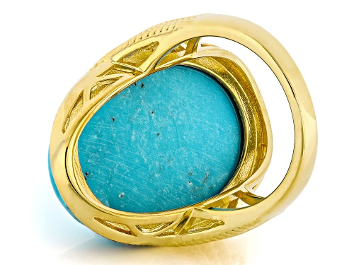 Pre-Owned 28x18mm Oval Cabochon Blue Kingman 18k Yellow Gold Over Sterling Silver Solitaire Ring - Size 8