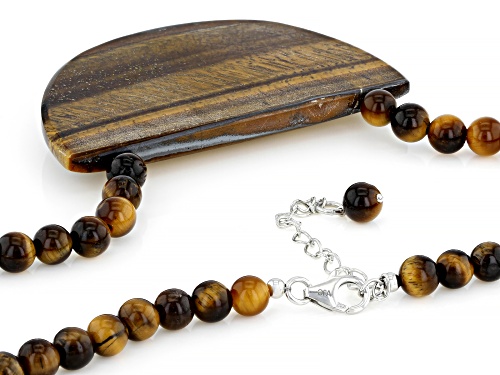 Pre-Owned Free-Form and Round Tigers Eye Bead Rhodium Over Sterling Silver Necklace - Size 18