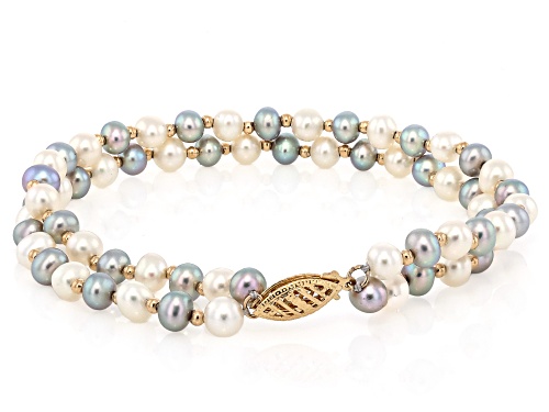 Pre-Owned 5mm White And Platinum Cultured Freshwater Pearl 14k Yellow Gold 2-Row Bracelet