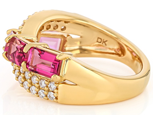 Pre-Owned 2.89Ctw Pink Topaz with 0.31Ctw White Moissanite 18K Yellow Gold Over Sterling Silver Ring - Size 10