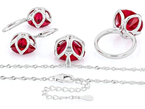 Pre-Owned 41.00ctw Round Lab Created Ruby Rhodium Over Silver Set of Ring, Earrings and Pendant with