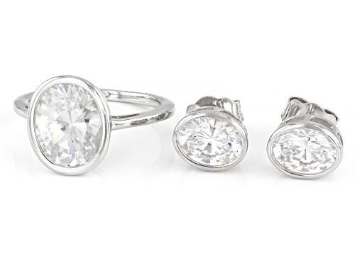 Pre-Owned Bella Luce® 11.42ctw White Diamond Simulant Platinum Over Sterling Silver Ring and Earring
