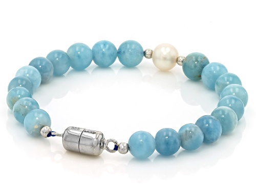 Pre-Owned 7-9.5mm Aquamarine Approximately 8mm Cultured Freshwater Pearl Rhodium Over Silver Bracele - Size 7.25
