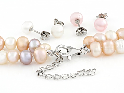 Pre-Owned 5-6mm Multi-Color Cultured Freshwater Pearl Rhodium Over Silver 18 Inch Strand & Earring S