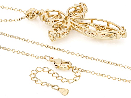 Pre-Owned 1.53ctw Lab Created White Sapphire 18k Yellow Gold Over Brass Cross Pendant With Chain