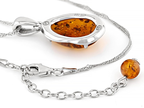 Pre-Owned 18x13mm Pear Shape Cabochon Amber Rhodium Over Sterling Silver Solitaire Pendant With Chai