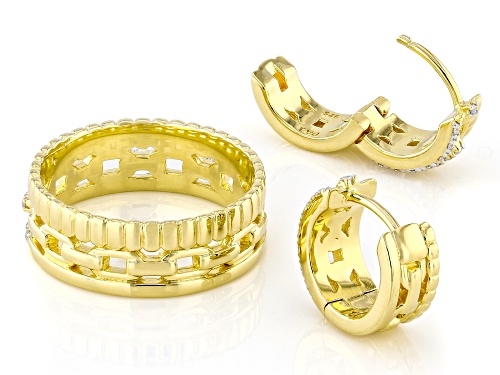 Pre-Owned MOISSANITE FIRE® 0.18CTW DEW ROUND BRILLIANT 14K YELLOW GOLD OVER SILVER EARRINGS AND RING