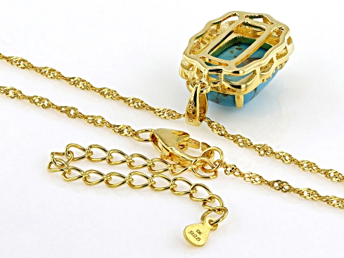Pre-Owned 14x10mm Kingman Turquoise, 0.11ctw White Zircon 18k Yellow Gold Over Sterling Silver Penda