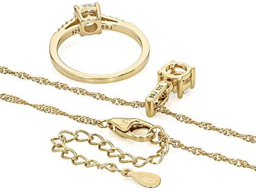 Pre-Owned MOISSANITE FIRE® 1.72CTW DEW ROUND 14K YELLOW GOLD OVER SILVER RING WITH PENDANT AND CHAIN