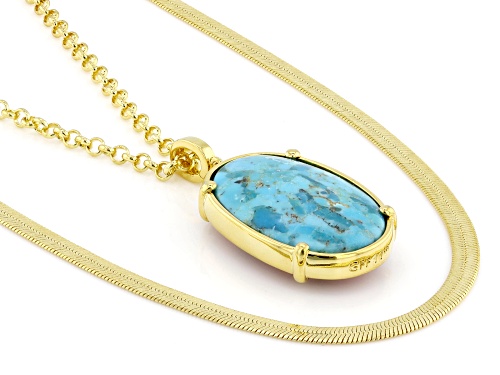Pre-Owned 30x20mm Turquoise With 30x20mm Sponge Coral 18k Yellow Gold Over Brass Pendant With Chain