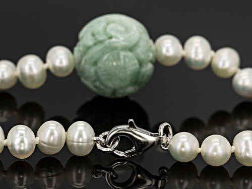 Pacific Style™18mm Carved Jadeite & 6-7mm Cultured White Freshwater Pearl Silver Necklace - Size 18