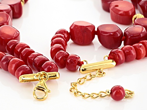 Pacific Style™ Approximately 6-15mm Mixed Red Coral 2-Strand 18k Gold Over Silver Bead Necklace - Size 18
