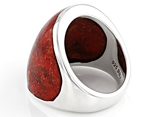 Pacific Style™ 22.5x21.5mm Inlaid Indonesian Red Sponge Coral Solitaire Rhodium Over Silver Ring - Size 8
