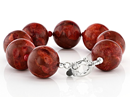 Pacific Style™ 20mm Round Red Sponge Coral And 5mm Round Red Bamboo Coral Silver Bead Bracelet - Size 8