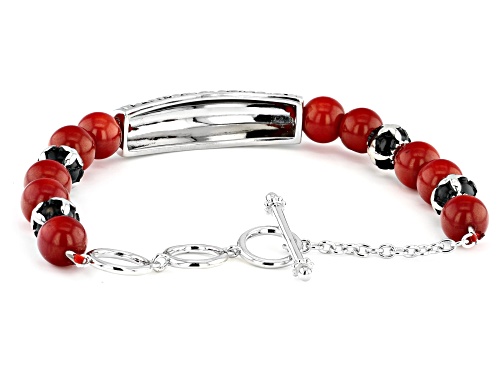 Pacific Style™ 8mm Round Red Coral Rhodium Over Sterling Silver Bead Bracelet. - Size 7.25