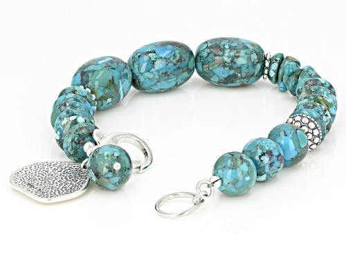 Pacific Style™ Mixed Shape Turquoise Beads Rhodium Over Sterling Silver Charm Bracelet - Size 8