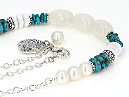 Pacific Style™Chalcedony,Turquoise,Cultured Freshwater Pearl, Quartzite Rhodium Over Silver Necklace - Size 20