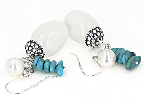 Pacific Style™ Chalcedony, Cultured Freshwater Pearl & Turquoise Rhodium Over Silver Earrings