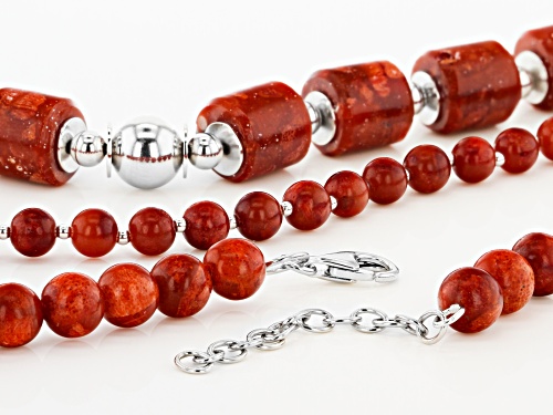 Pacific Style™ Tube Shape and Round Red Coral Rhodium Over Silver Bead Multi Strand Necklace - Size 18