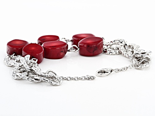 Pacific Style™ Free-Form Red Sponge Coral, Rhodium Over Silver 6-Stone Double Strand Bracelet - Size 8
