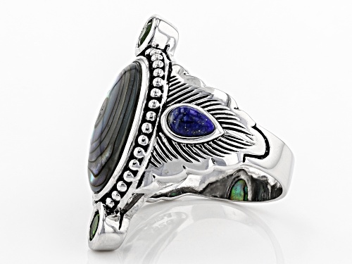 Pacific Style™ Abalone Shell, Lapis Lazuli & .58ctw Chrome Diopside Rhodium Over Silver Feather Ring - Size 7