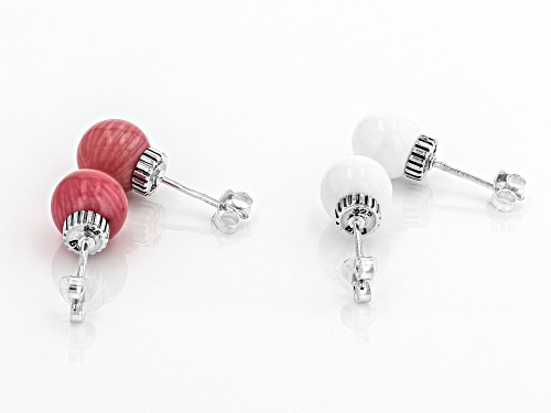 Pacific Style™ 8mm Pink Coral & White Agate Beads, Rhodium Over Silver Stud Earrings, Set of 2 Pairs