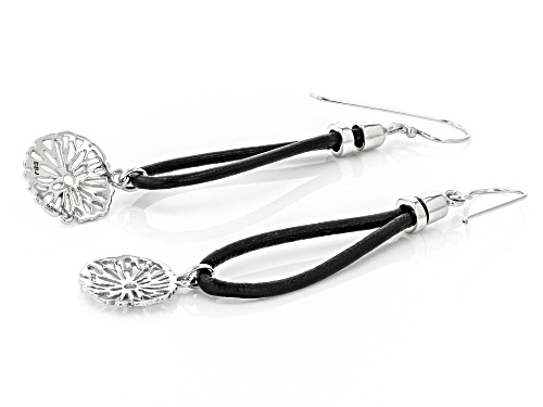 Pacific Style™  Rhodium Over Silver Flower Design And Imitation Leather Cord Dangle Earrings