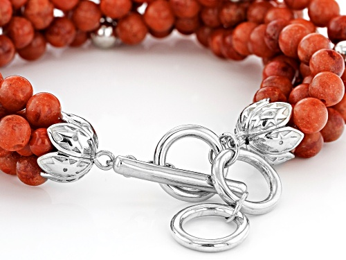 Pacific Style™ 4-6mm Red Sponge Coral 5-Strand Torsade, Rhodium Over Silver Bead Bracelet - Size 8
