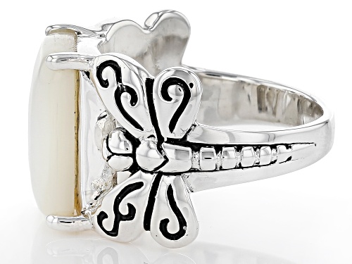 Pacific Style™ 14x10mm Rectangular Mother-of-Pearl Rhodium Over Sterling Silver Dragonfly Ring - Size 9