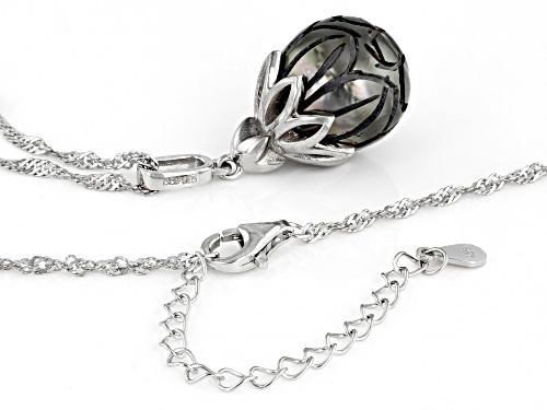 Pacific Style™ Hand Carved Black Cultured Tahitian Pearl Rhodium Over Silver Pendant With Chain