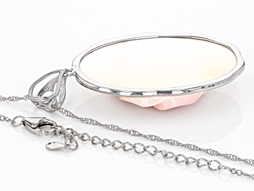 Pacific Style™ 45x30mm Hand Carved Pink Conch Shell Rhodium Over Silver Rose Pendant with Chain