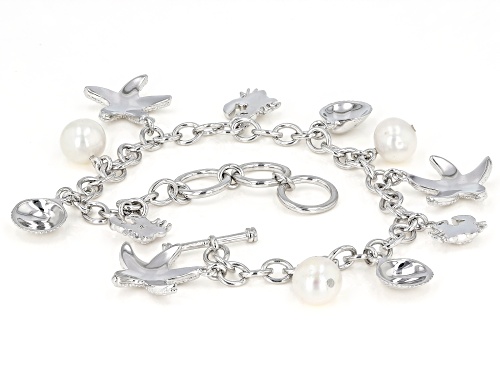 Pacific Style™ White Cultured Freshwater Pearl Rhodium Over Brass Charm Bracelet - Size 7.5