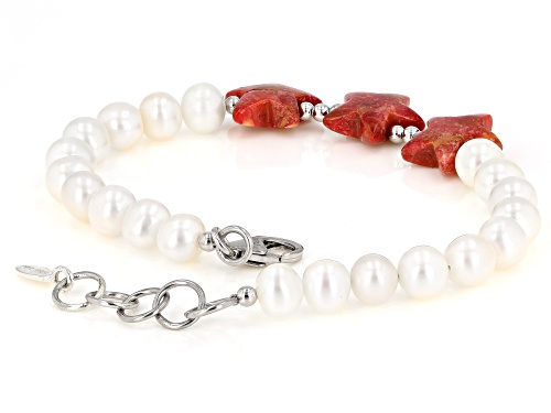 Pacific Style™ Red Sponge Coral & Mother-of-Pearl Rhodium Over Sterling Silver Star Bracelet - Size 7.5